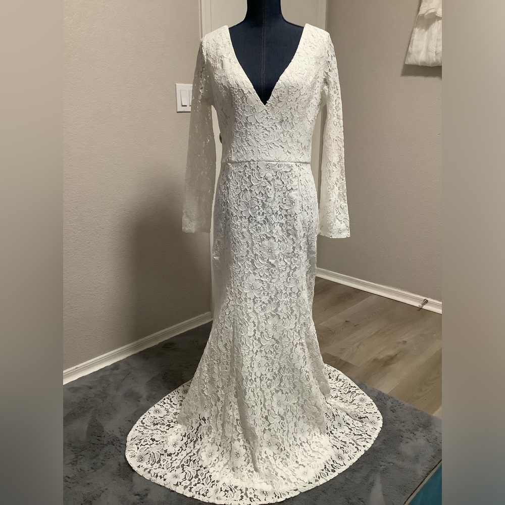 Fashion Nova Ivory Lace V-Neck Long Sleeve Maxi Dress Bridal Gown Women's 1XL